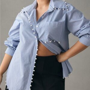 Anthropologie Blue Striped Women's Top with Pearl Accents